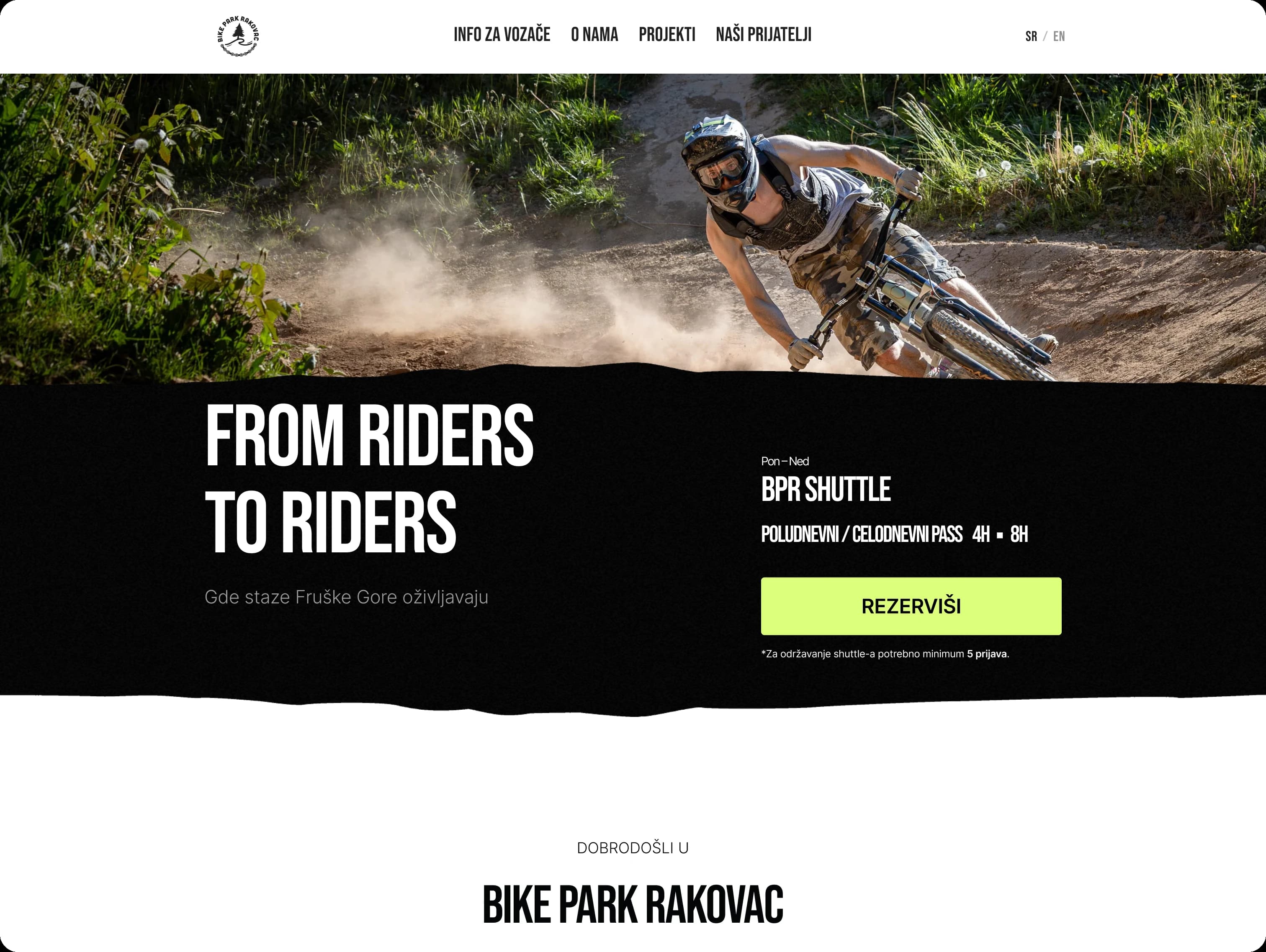 Bike Park Rakovac website hero — a downhill rider mid-corner above the booking panel